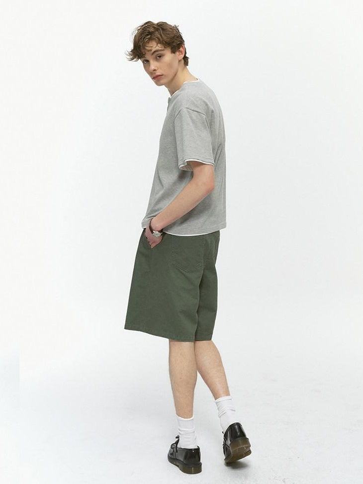 Country Moment Durable Cotton Loose Straight Zip Casual Khaki Navy Mid-Length Shorts