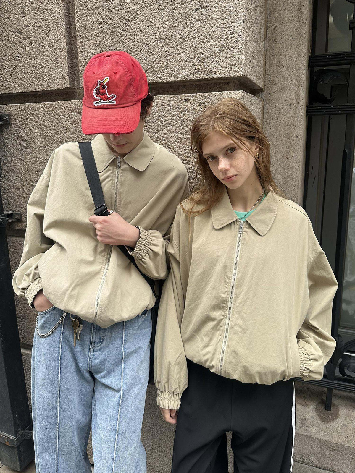 Country Moment Cotton Loose Fit Zip Lapel Short Youth Unisex Khaki Plaid Cropped Jackets