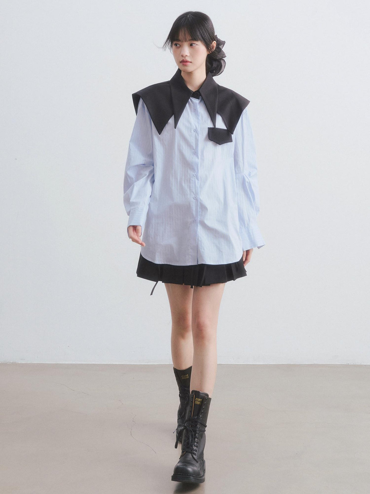 DDGIRL studio Breathable Cotton Loose Faux Layer Pleat Sleeve Striped Navy Collar Shirts