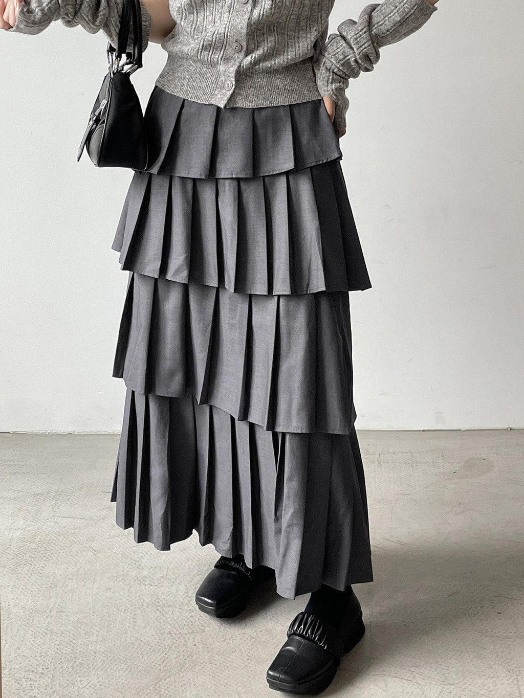 DDGIRL studio Lined High Waist Pleated Patchwork A Line Commuter Loose Fit Gray Midi Skirts