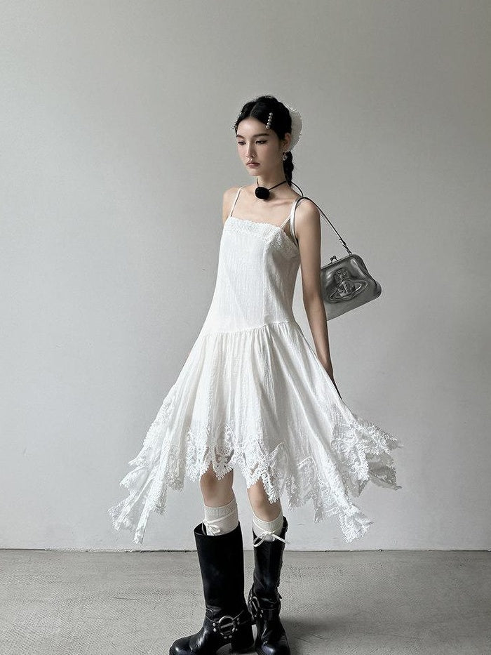 DDGIRL studio Office High Waist A Line Sleeveless Cotton Blend Camisole White Midi Dresses