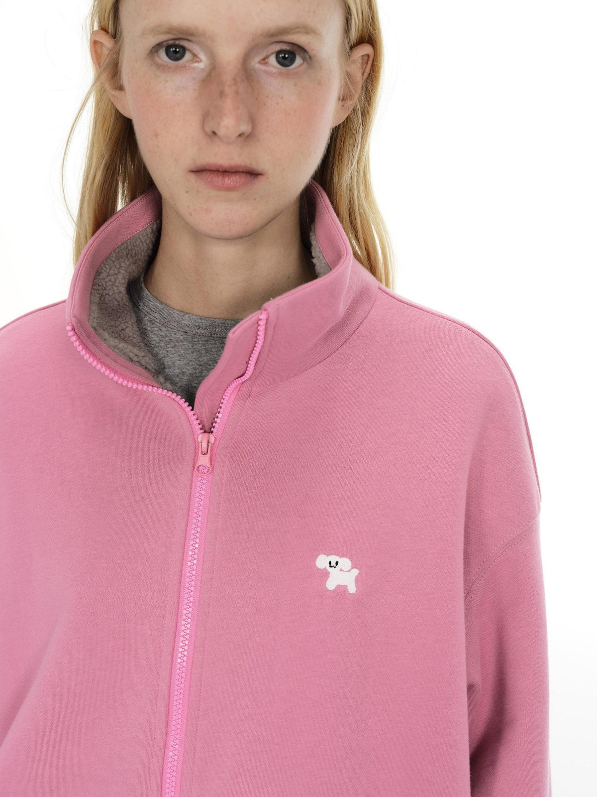 Country Moment Cozy Fleece Thick Loose Embroidered Stand Collar Unisex Cotton Zip Sweatshirt