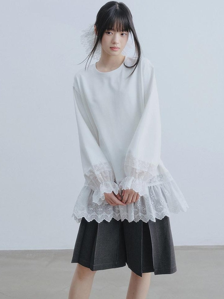 DDGIRL studio Layered Lace Oversized Puff Sleeve Womens Cotton White Long Sleeve T-Shirts