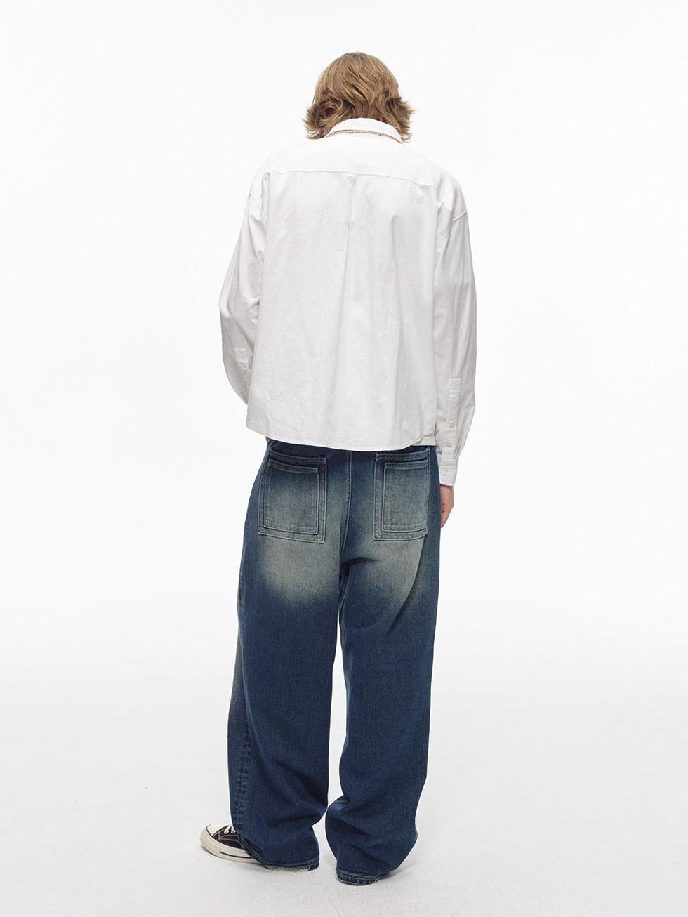 Country Moment Gradient Distressed Mid Rise Loose Straight Everyday Denim Blue Wide Leg Jeans