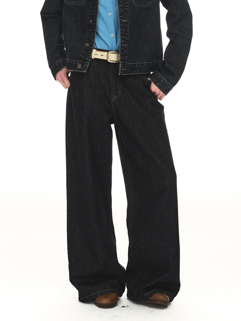 Country Moment Warm Cotton Mid Rise Loose Retro Button Fly Black Casual Commuter Wide Leg Jeans