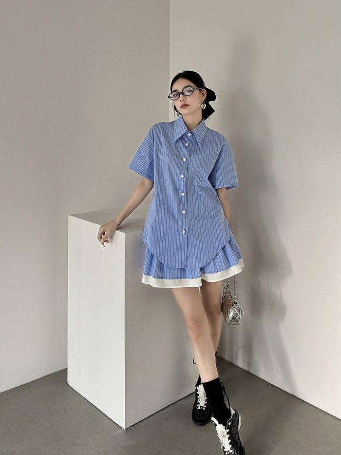 DDGIRL studio Breathable Relaxed Polo Short Sleeve Women Striped Blue Top & Skirt Sets