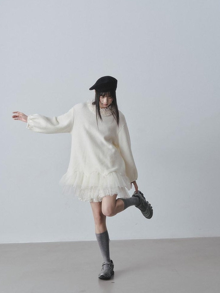 DDGIRL studio Sweet Soft Knit Tulle Panel A Line Long Sleeve Back Button Mini Dresses