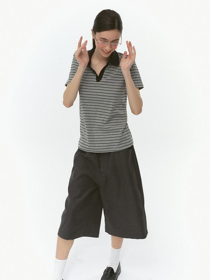 Country Moment Cotton Blend Patchwork Slim Polo Collar Striped Grey Short Sleeve T-Shirts