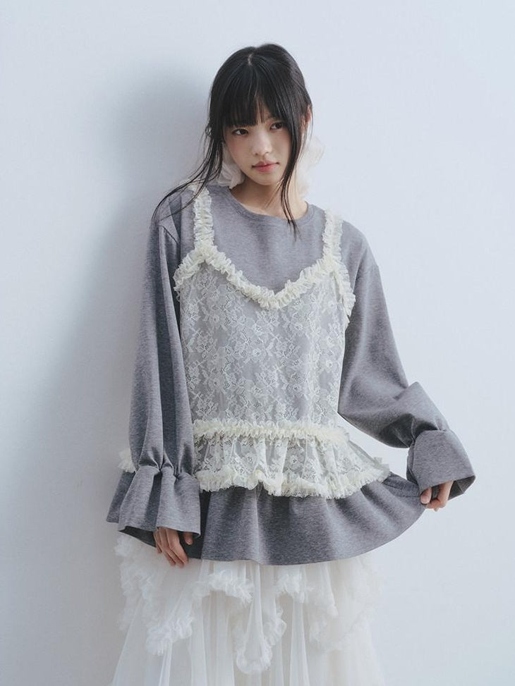 DDGIRL studio Lace Splice Pullover Loose Crewneck Womens Two Piece Long Sleeve T-Shirts