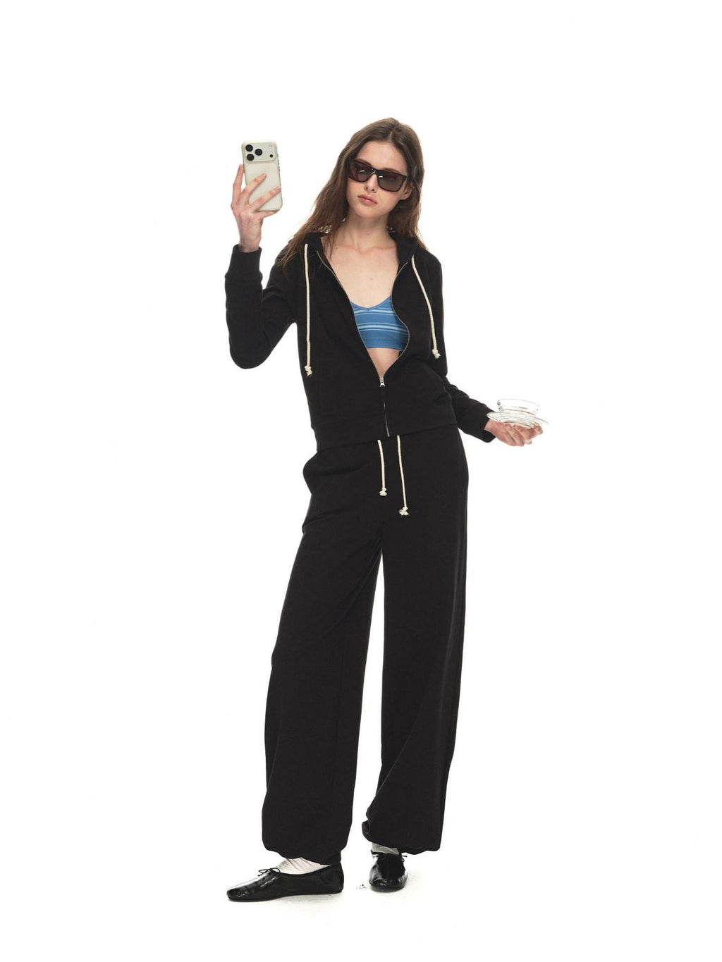 100% Cotton Durable Loose Mid Rise Drawstring Black Straight Leg Sweatpants