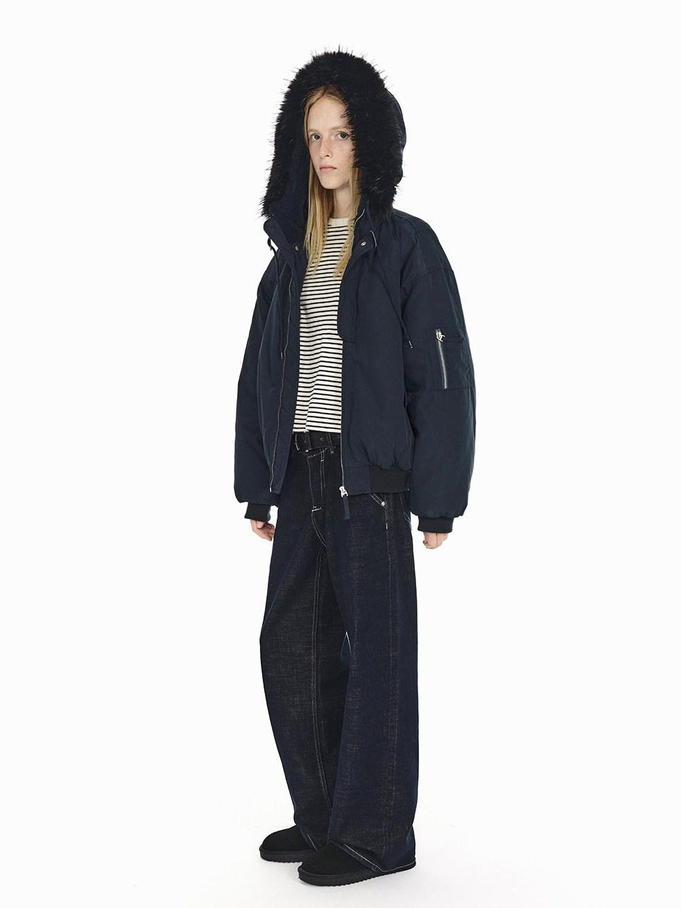 Country Moment Warm Hooded Retro Short Zip Ribbed Hem Unisex Navy Puffer Jackets