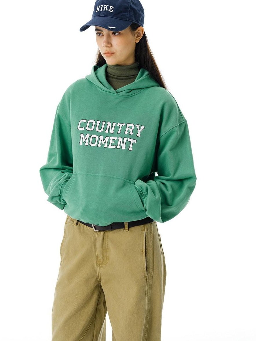 Country Moment Cropped Heavyweight Cotton Printed Loose Fit Unisex Green Streetwear Hoodie