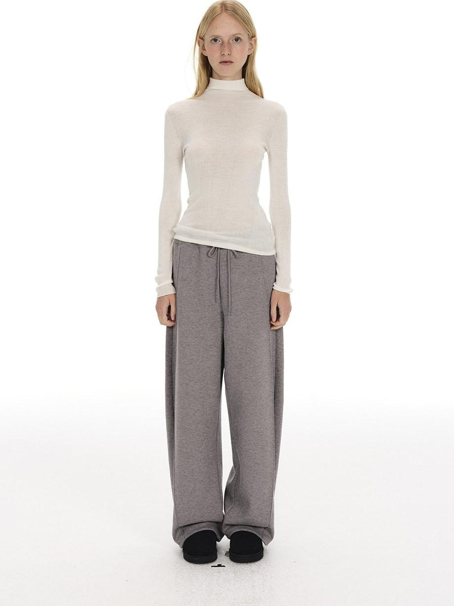 Country Moment Warm Wool Lined Pleated Drawstring Loose Fit Gray Straight Sweatpants