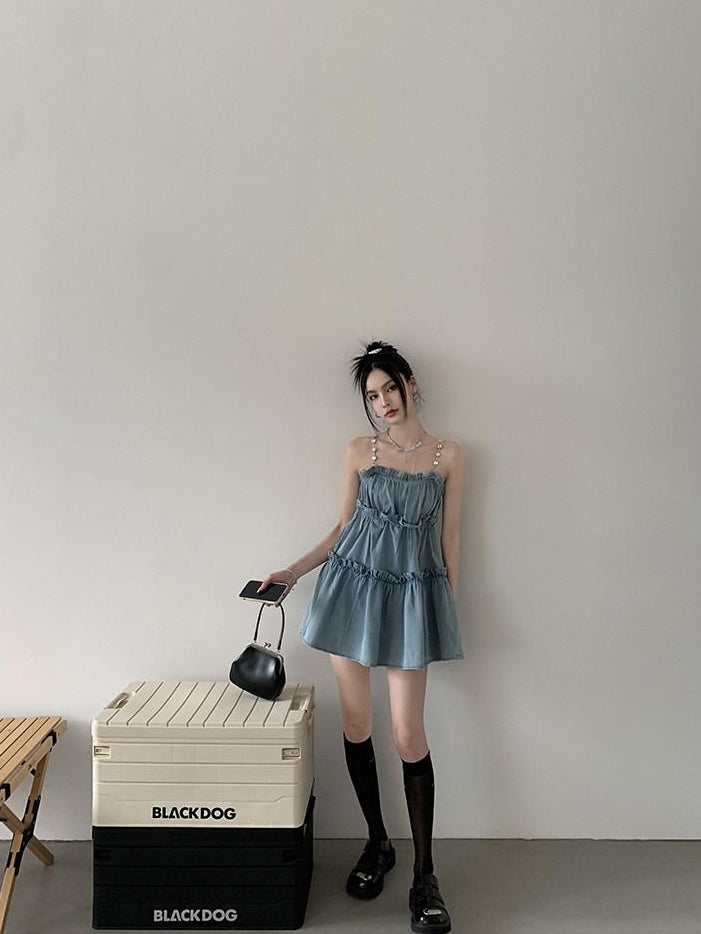 DDGIRL studio High Waist Washed Denim Ruffle Trim A Line Camisole Casual Mini Dresses