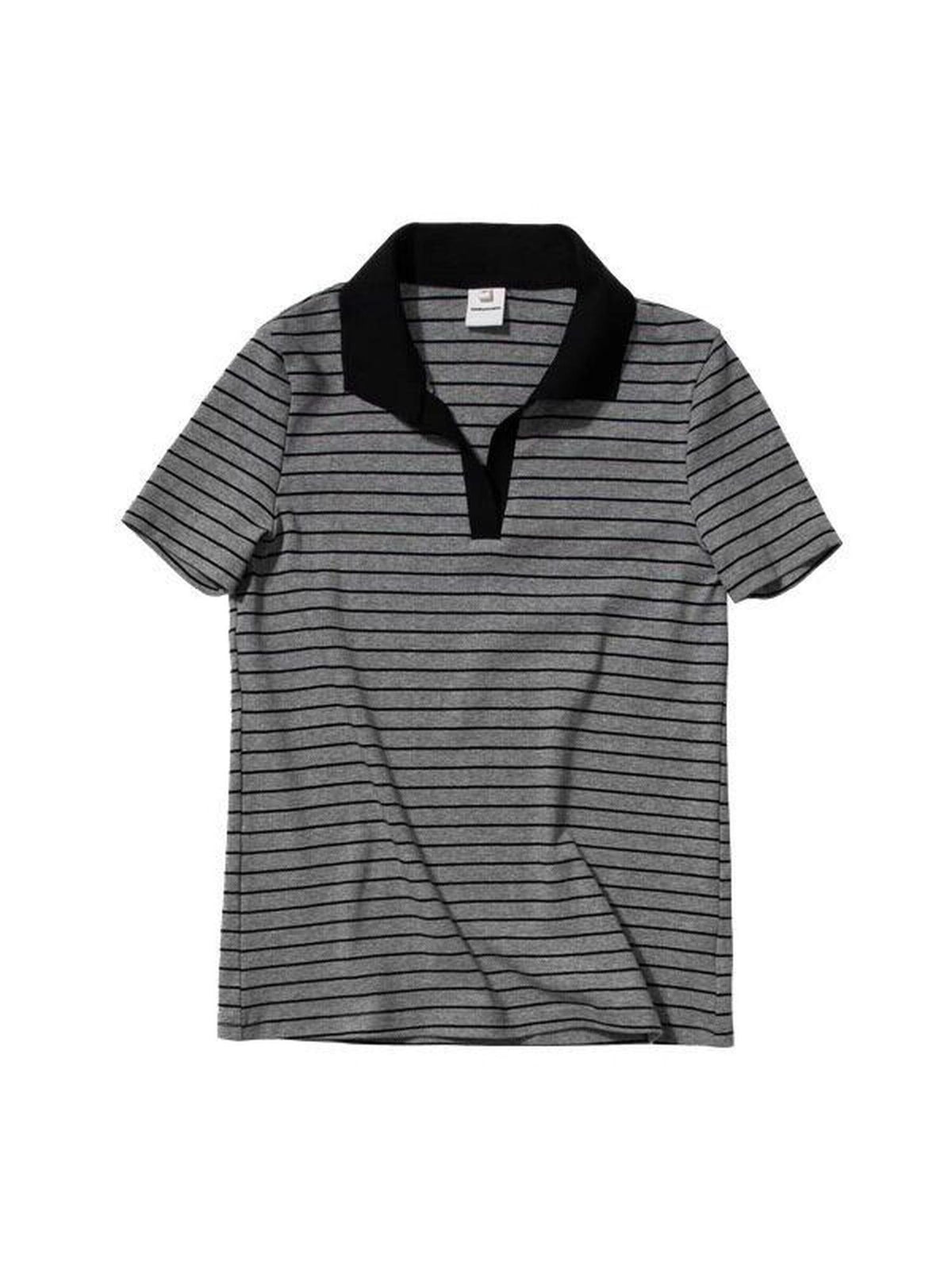 Country Moment Cotton Blend Patchwork Slim Polo Collar Striped Grey Short Sleeve T-Shirts