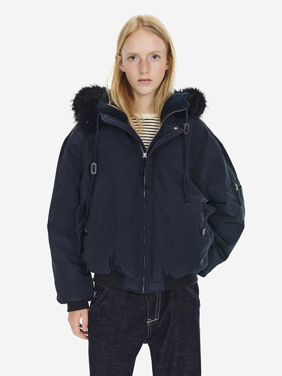 Country Moment Warm Hooded Retro Short Zip Ribbed Hem Unisex Navy Puffer Jackets