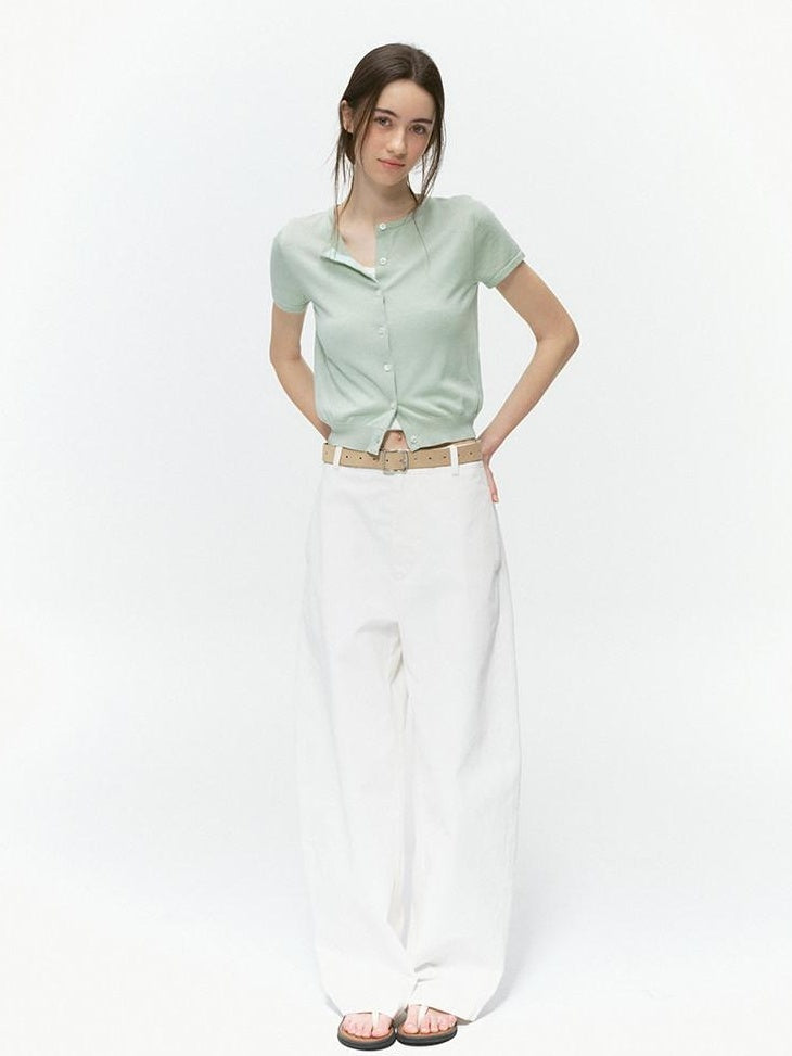 Country Moment Silk Touch Wool Blend Slim Fit Short Sleeve Crop Round Neck Knit Cardigans