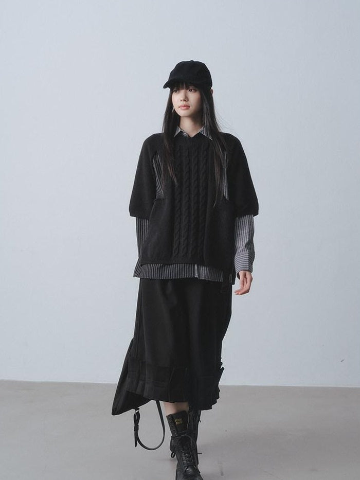 DDGIRL studio Warm Openwork Striped Knit Two Piece Loose Fit Collared Women Sweaters