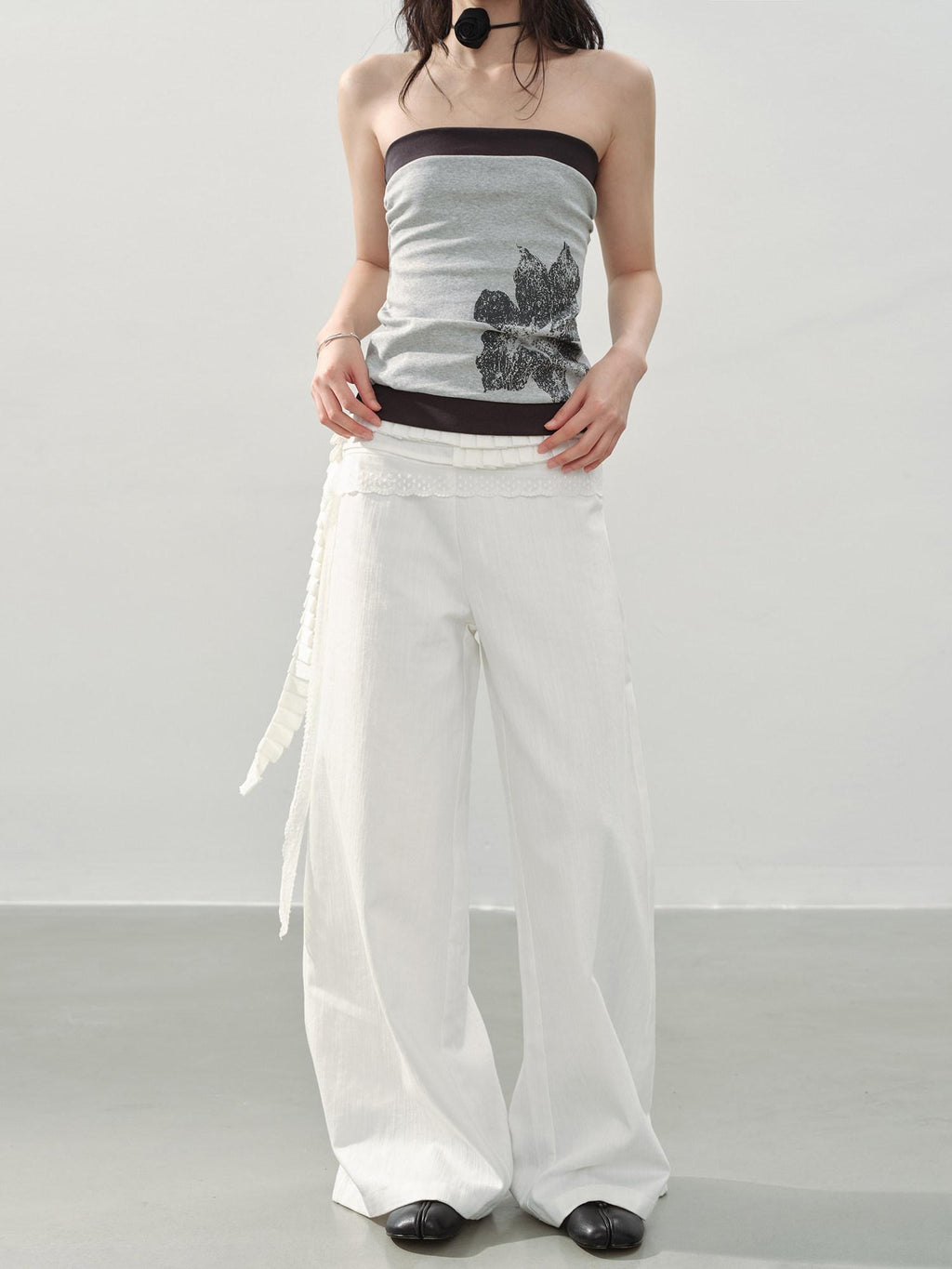 DDGIRL studio High Waist Shape Retaining Casual Lace Trim Solid White Women Wide Leg Pants