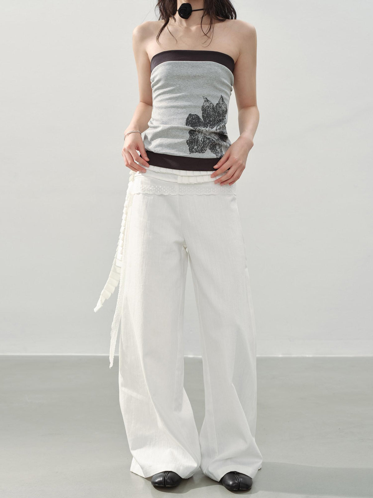 DDGIRL studio High Waist Shape Retaining Casual Lace Trim Solid White Women Wide Leg Pants
