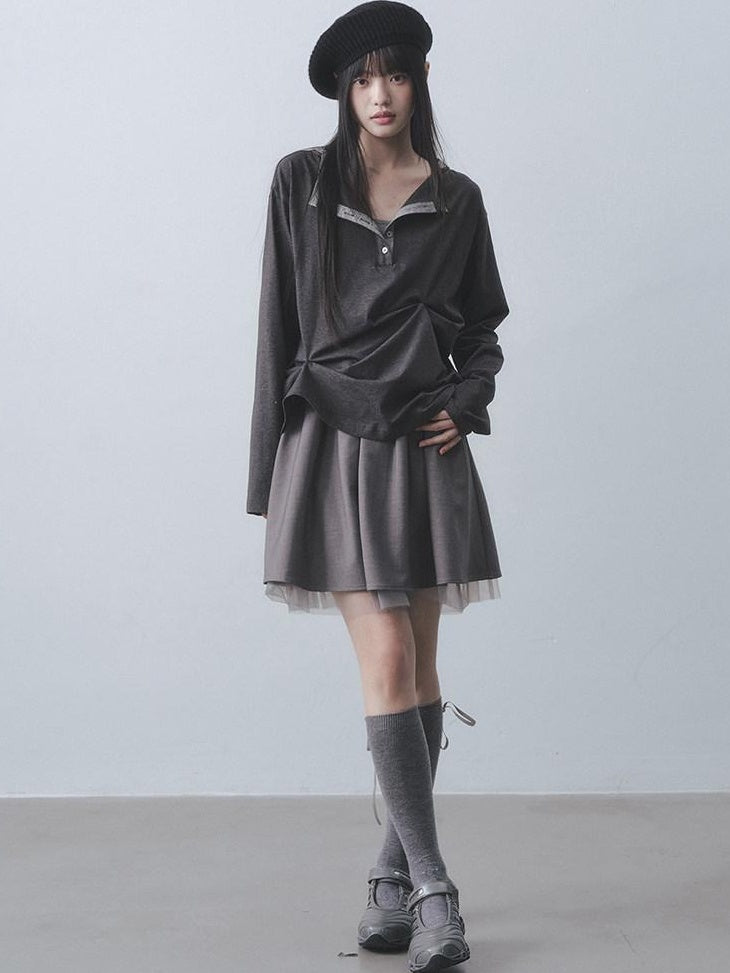 DDGIRL studio Moisture Wicking Long Sleeve Tee Commuter Solid Dark Gray Top & Skirt Sets