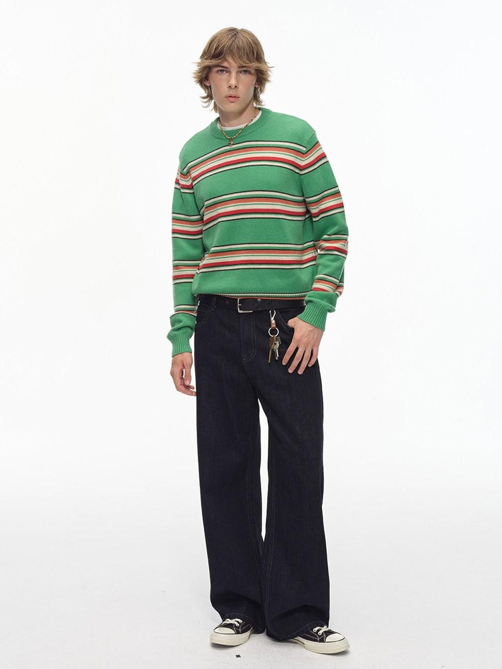 Country Moment Warm Wool Blend Colorful Striped Crew Neck Short Regular Fit Unisex Sweaters