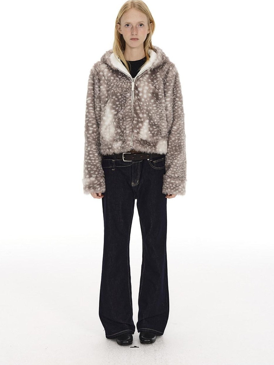 Country Moment Warm Fleece Lined Hooded Zip Polka Dot Casual Unisex Polyester Cropped Jackets