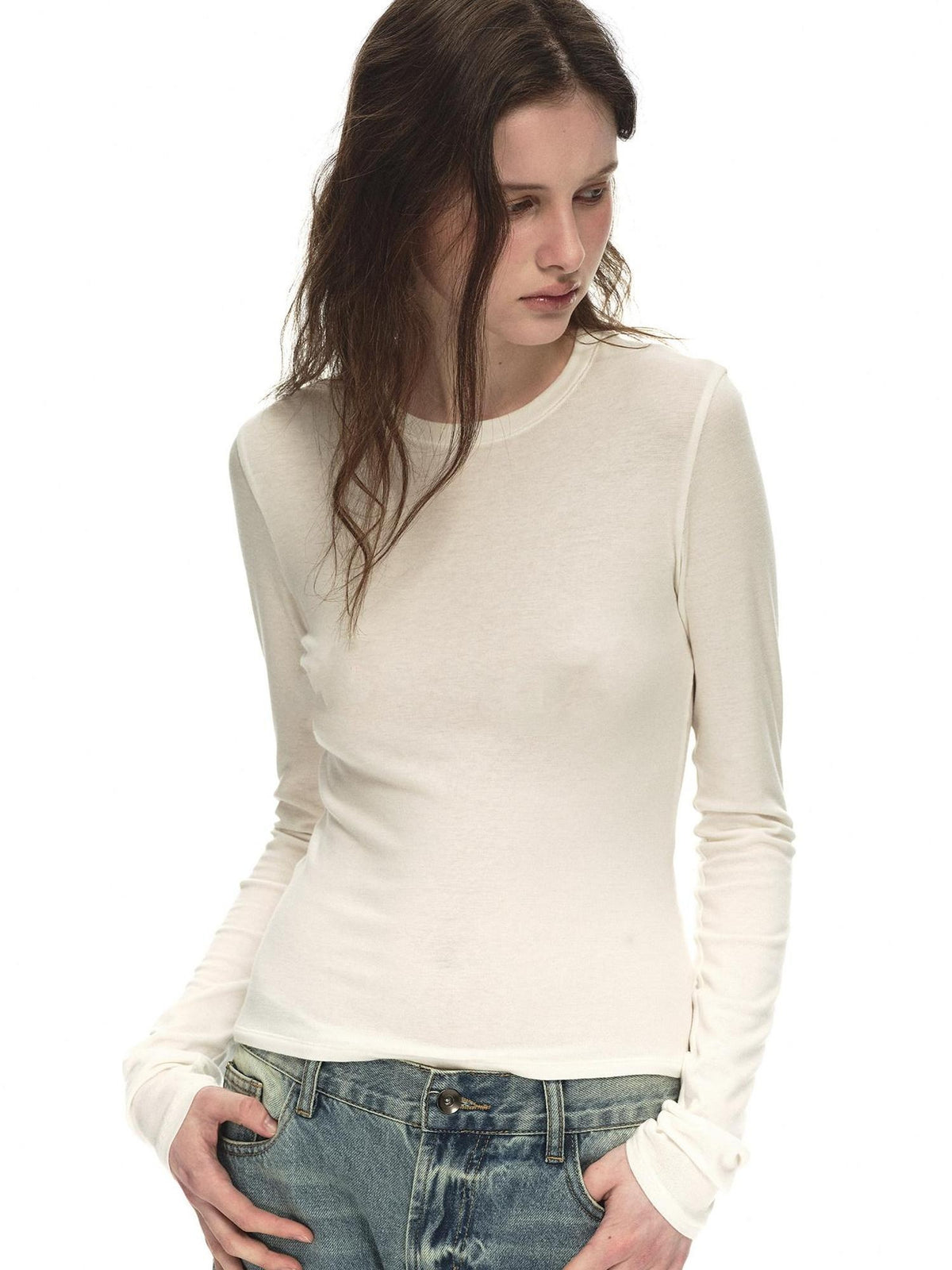 Country Moment Breathable Lyocell Wool Slim Crewneck Commuter Casual Long Sleeve T-Shirts