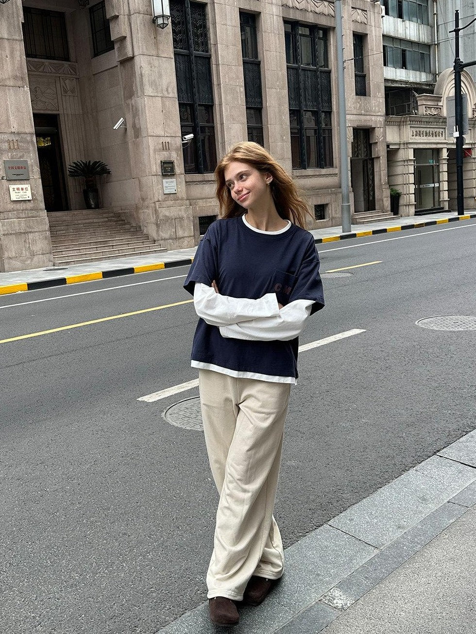 Country Moment Washed Pure Cotton Loose Colorblock Crewneck Teen Logo Navy Long Sleeve T-Shirts