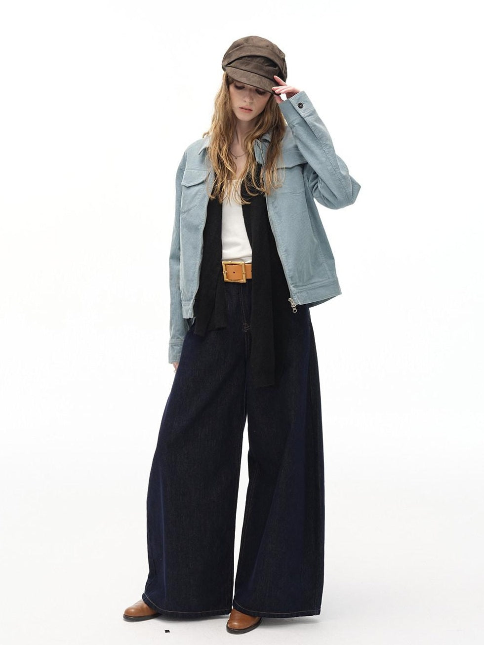 Country Moment Cotton Lined Warm Short Zip Lapel Unisex Commuter Blue Brown Cropped Jackets
