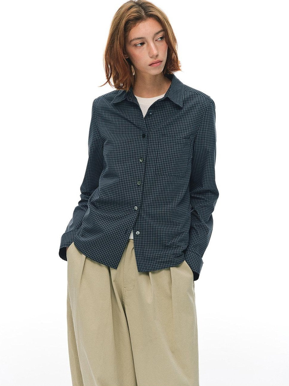 Country Moment Slim Fit Cotton Plaid Button Cropped Long Sleeve Collared Casual Citywalk Blouses