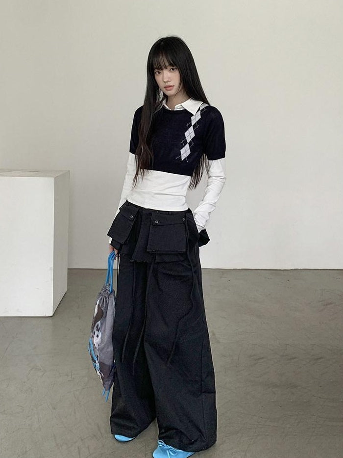 DDGIRL studio High Waist Zip Fly Pockets Relaxed Straight Leg Black Cotton Nylon Cargo Pants