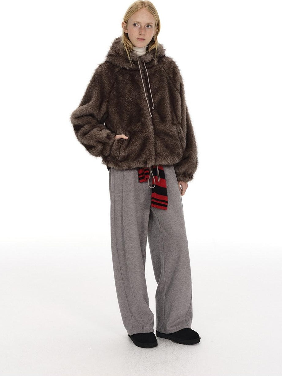 Country Moment Warm Wool Lined Pleated Drawstring Loose Fit Gray Straight Sweatpants