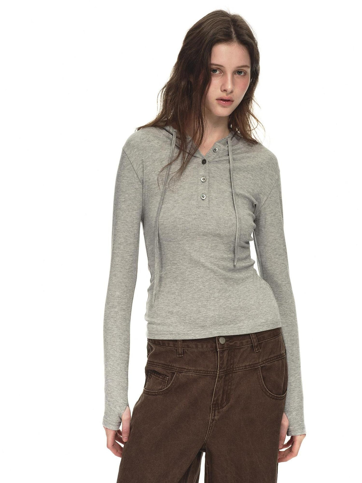 Country Moment Breathable Viscose Blend Hooded Henley Slim Casual Women Long Sleeve T-Shirts