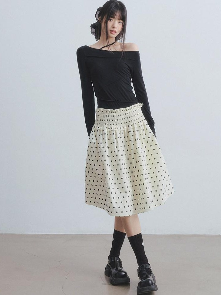 DDGIRL studio Durable Lined Pleated Aline Elastic Waist Women Cotton Beige Midi Skirts