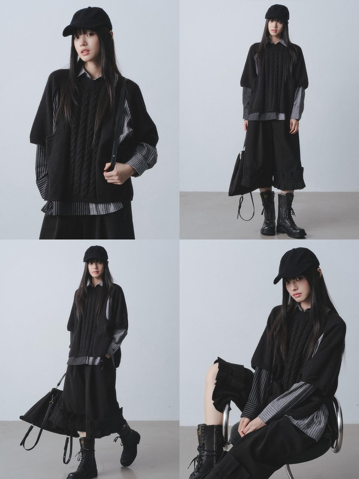 DDGIRL studio Warm Openwork Striped Knit Two Piece Loose Fit Collared Women Sweaters
