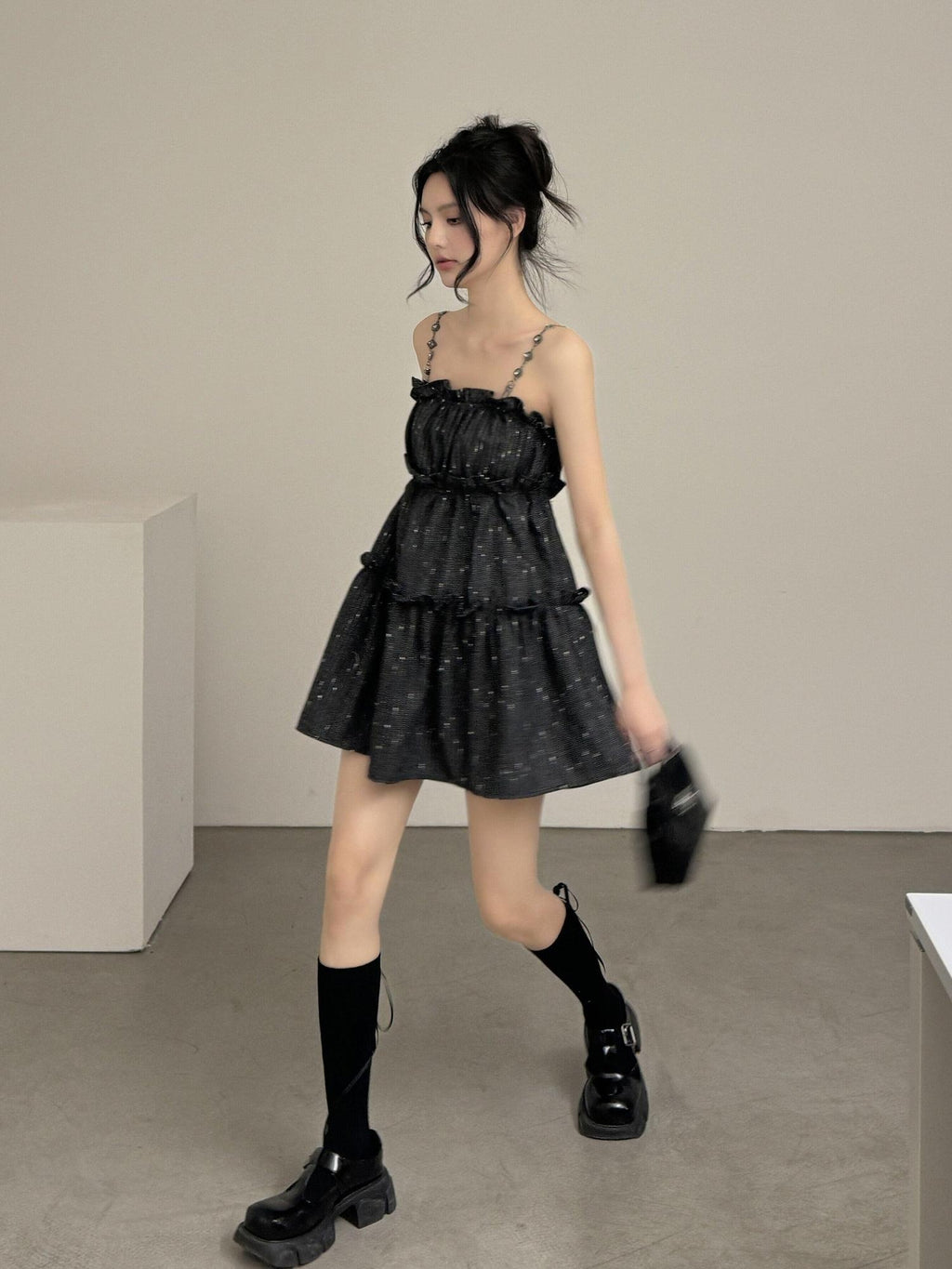 DDGIRL studio Shape Retain Strappy A Line Loose Waist Black Poly Wool Blend Mini Dresses