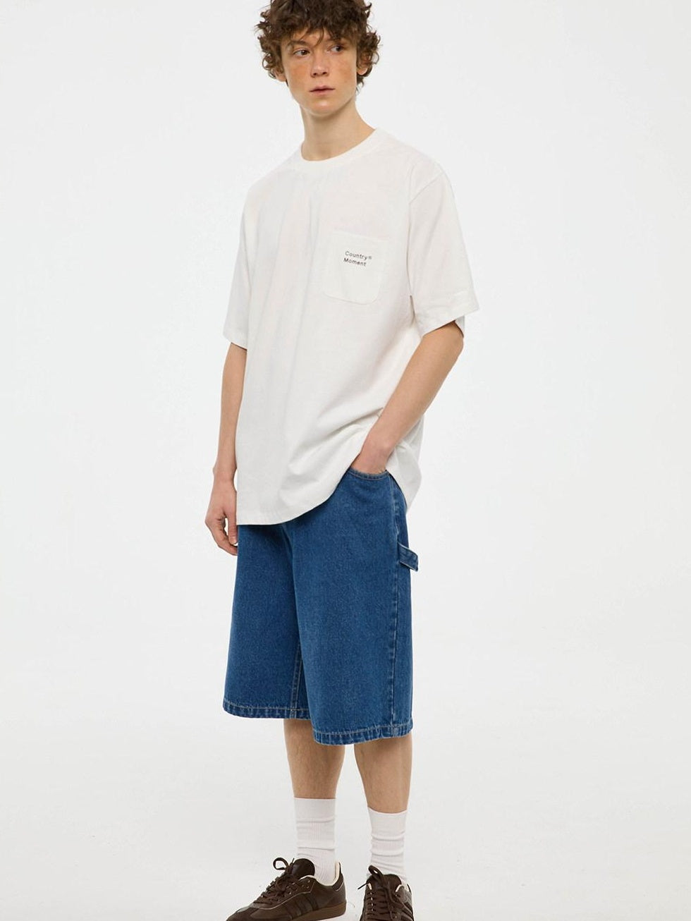 Country Moment Cotton Denim Mid High Waist Loose Straight Casual Zip Fly Mid-Length Shorts