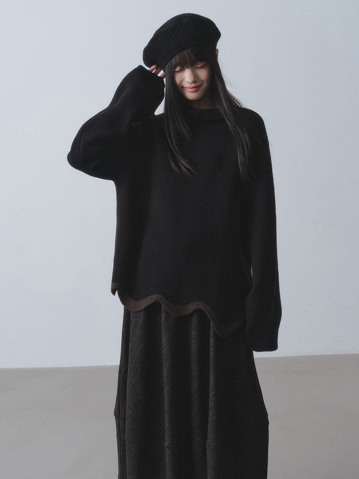 DDGIRL_studio_Warm_Chunky_Wave_Pullover_Oversized_Commuter_Mock_Neck_Women_Black_Sweaters_MISSTT