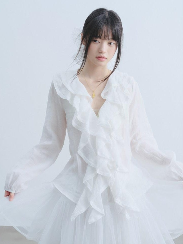 DDGIRL studio Breathable Ramie Ruffle V-neck Fitted Office Button Long Sleeve Women Blouses