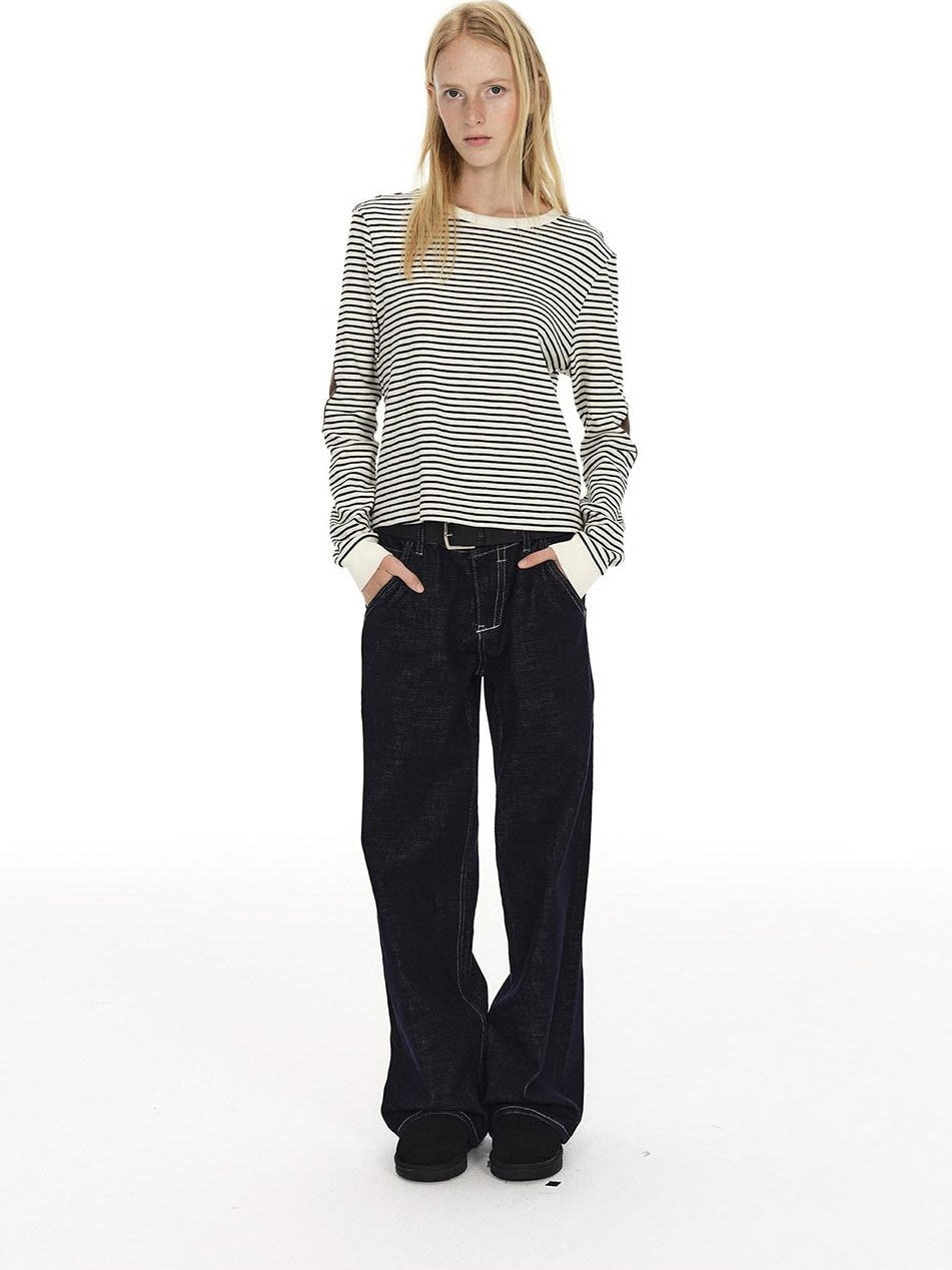 Country Moment Slimming Mid Rise Contrast Stitch Loose Unisex Blue Cotton Straight Leg Jeans