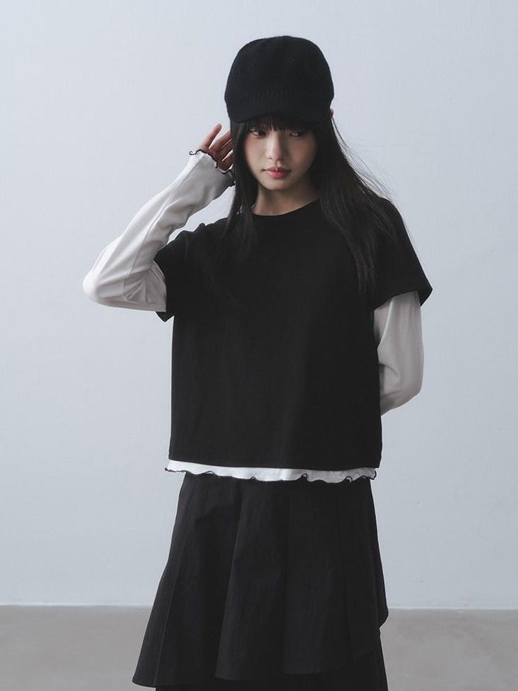 DDGIRL studio Breathable Cotton Spandex Loose Office Contrast Lace Women Long Sleeve T-Shirts