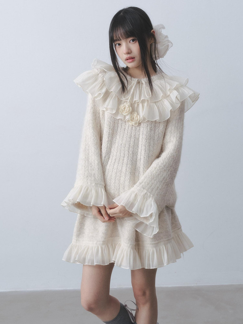 DDGIRL studio Warm Knitted Ruffle Pullover Loose Gentle Floral High Waist Top & Skirt Sets