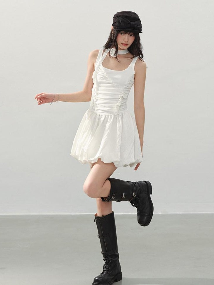 DDGIRL studio Soft Stretch Cotton Sweet Ruffle A Line Sleeveless U Neck Mid Waist Mini Dresses