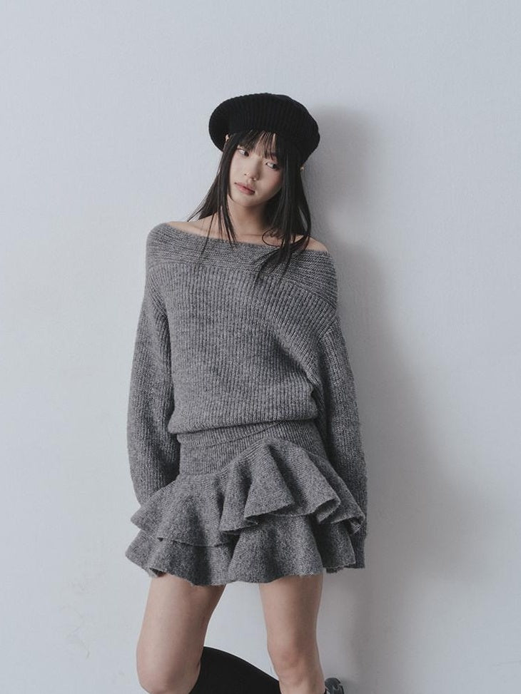 DDGIRL studio Cozy Knit Warm Girly Ruffle Bardot Neckline High Waist Grey Top & Skirt Sets