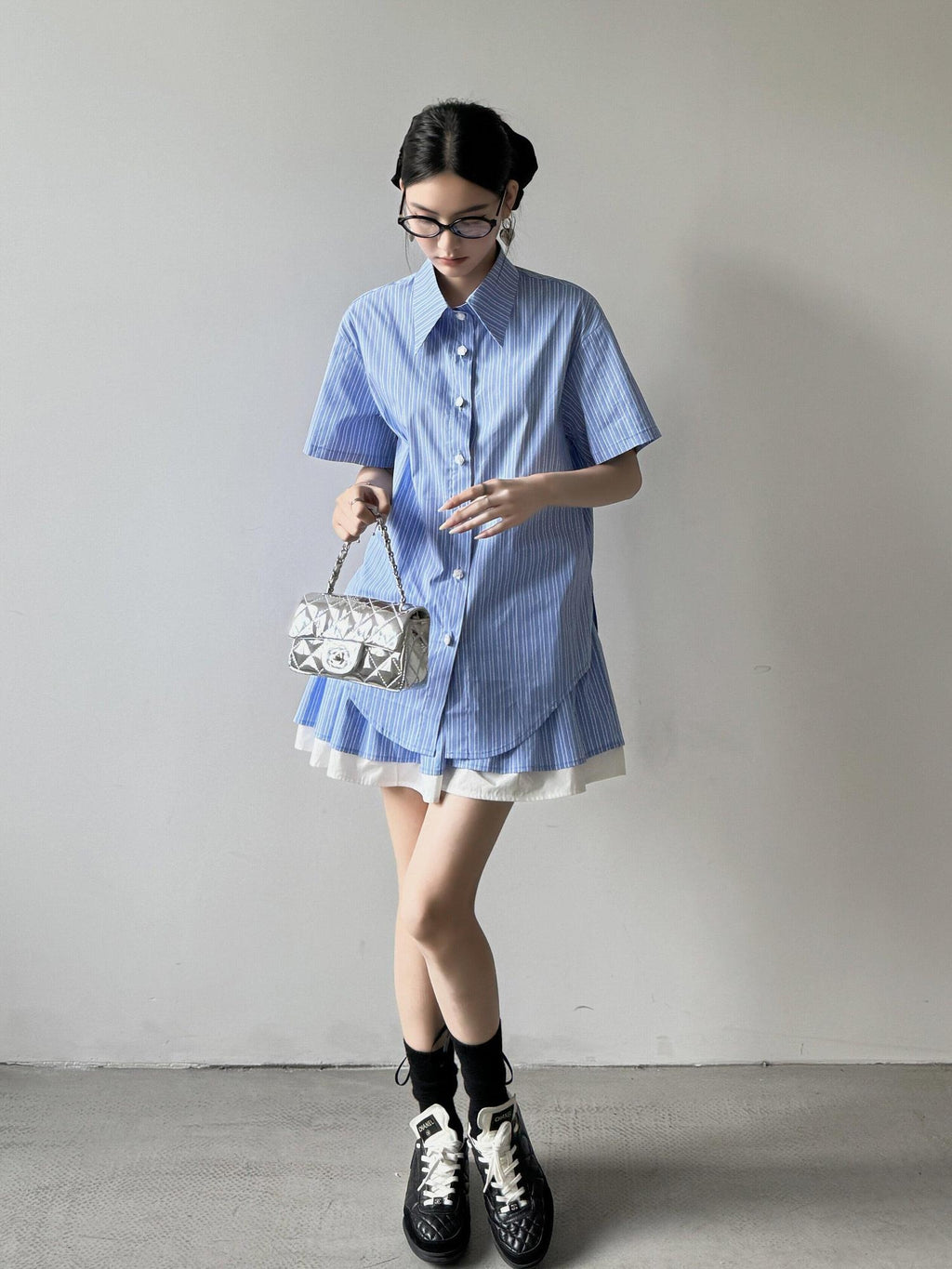 DDGIRL studio Breathable Relaxed Polo Short Sleeve Women Striped Blue Top & Skirt Sets