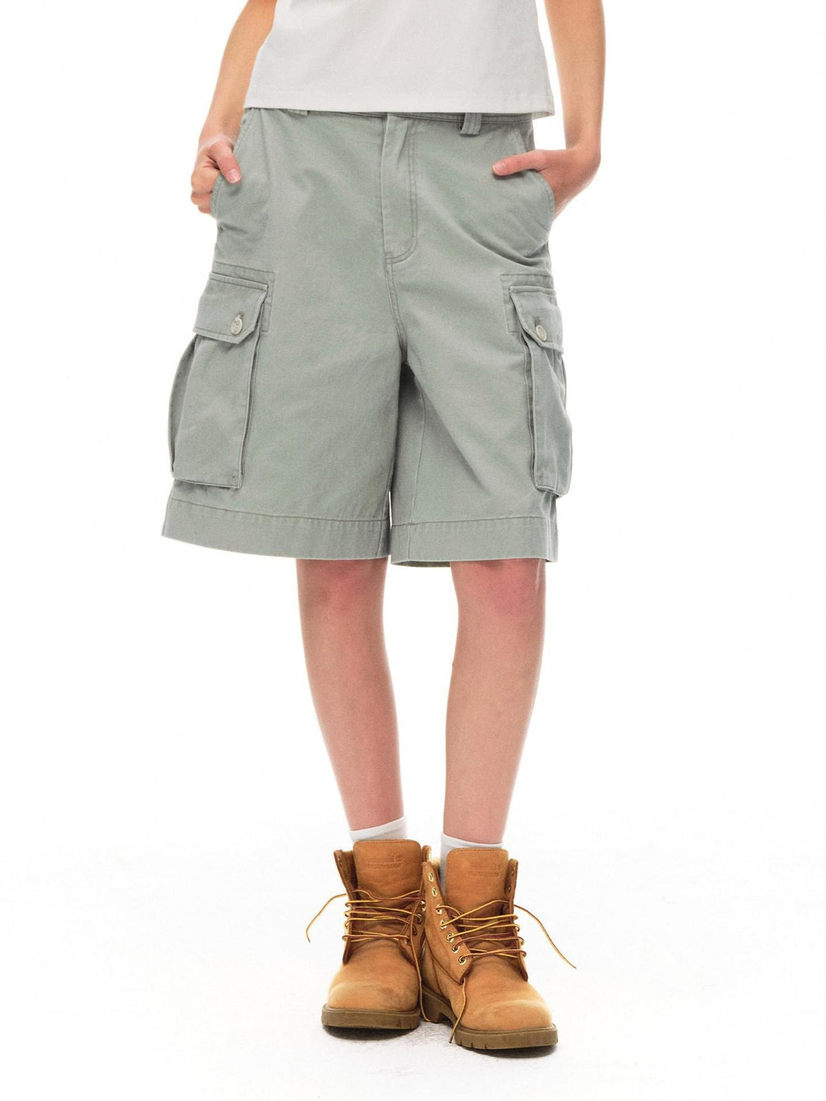 Country Moment Vintage Washed Relaxed Mid Rise Pockets Casual Pure Cotton Mid-Length Shorts