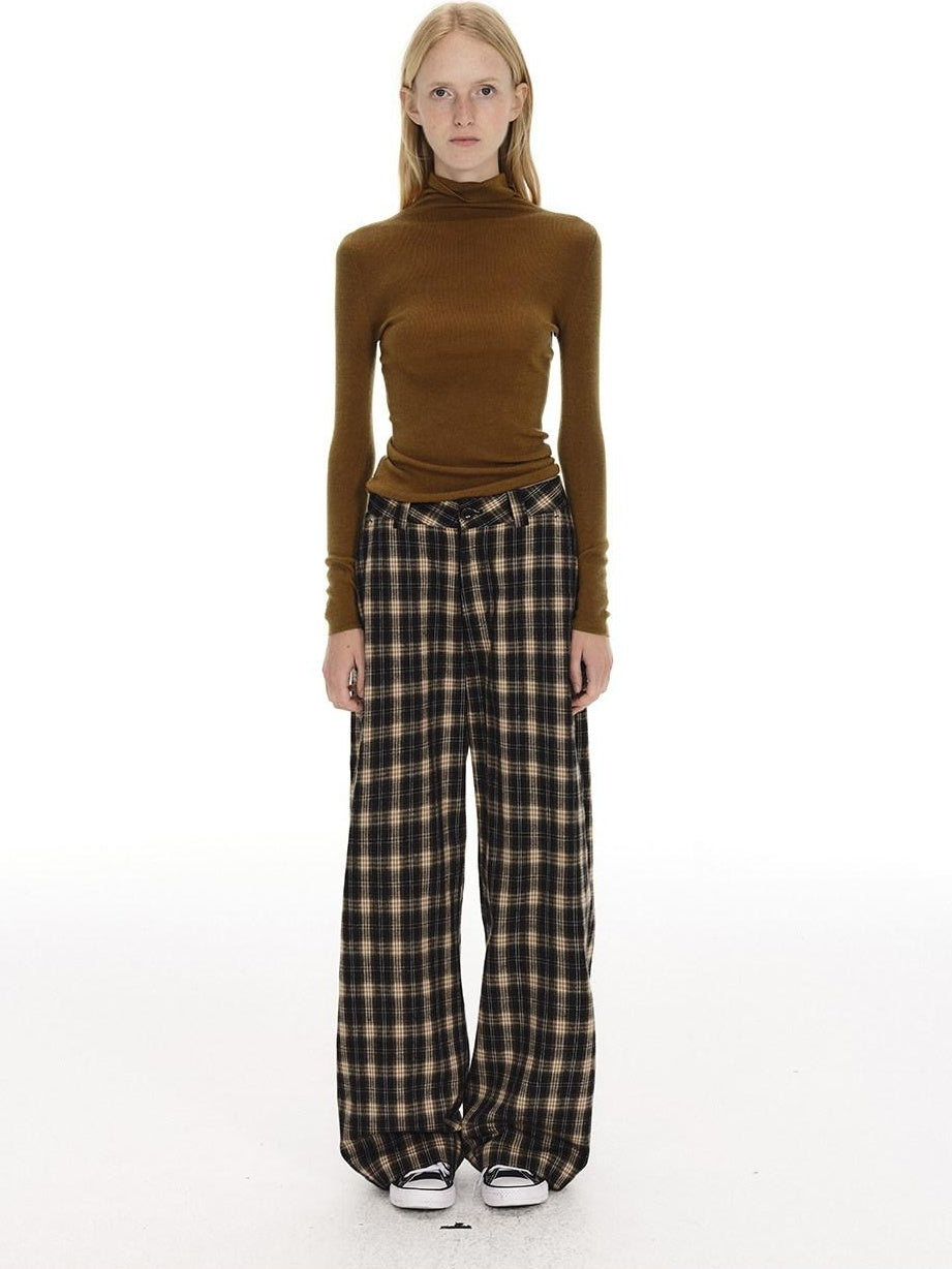 Country Moment 100% Cotton Vintage Wide Leg Black Brown Plaid Natural Waist Straight Pants