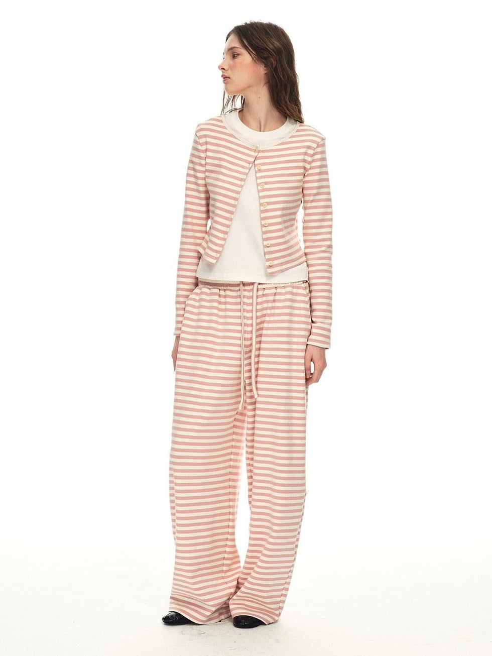Country Moment Breathable Cotton Slim Fit Piped Pink Striped Casual Top & Pants Sets