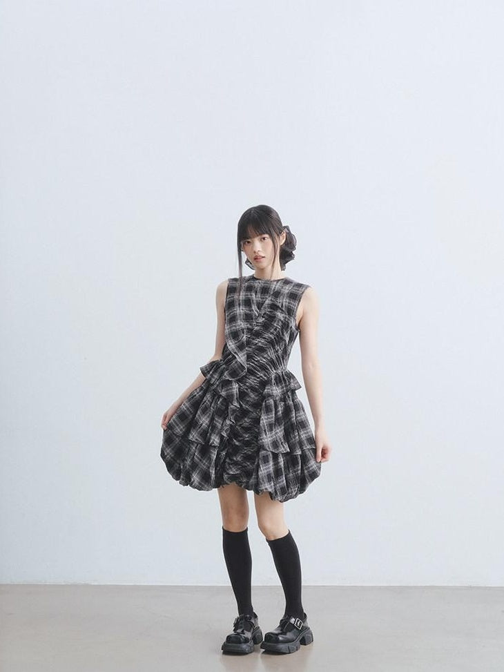 DDGIRL studio Soft Cotton Shirred A Line Sleeveless Checked Workwear Puff Skirt Mini Dresses